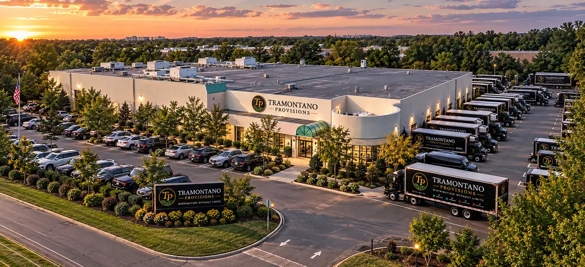 Aerial view at sunset of the Tramontano Provisions warehouse, with the fleet of trucks lined up in the lot