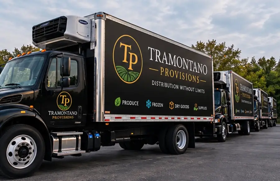 Side view of a black Tramontano Provisions refrigerated box truck reading Distribution Without Limits, with more trucks parked behind it
