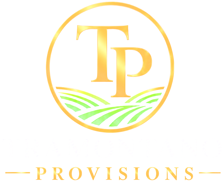 Tramontano Provisions logo: gold TP monogram over green fields