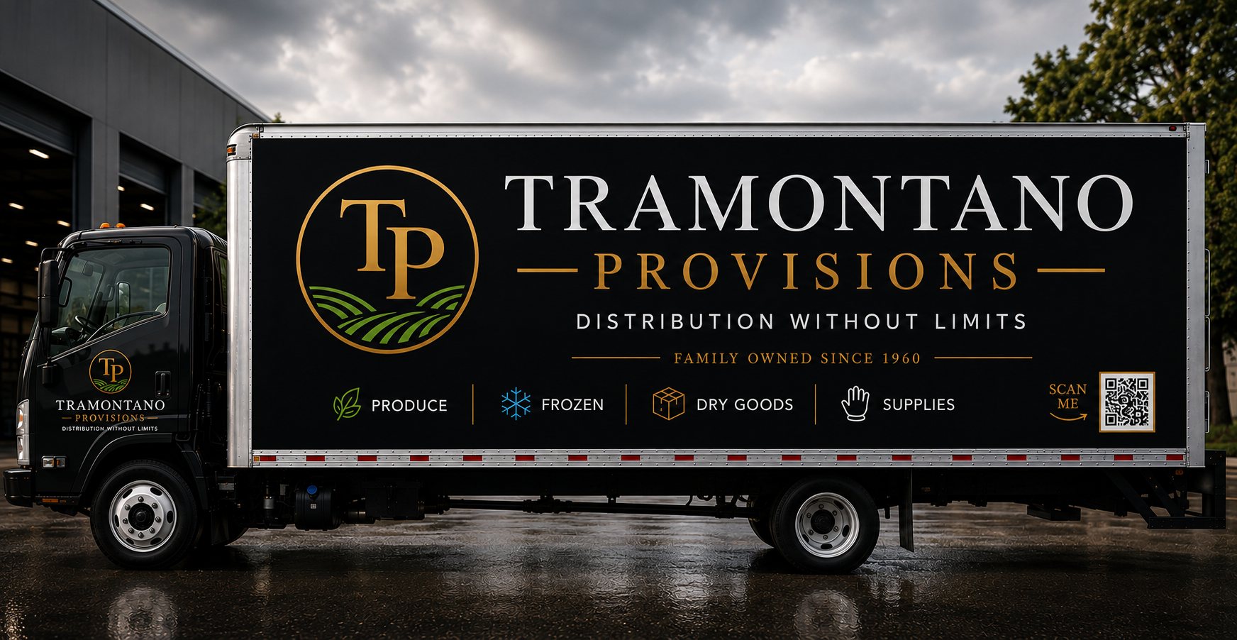 Black Tramontano Provisions box truck with the gold logo and the words Distribution Without Limits